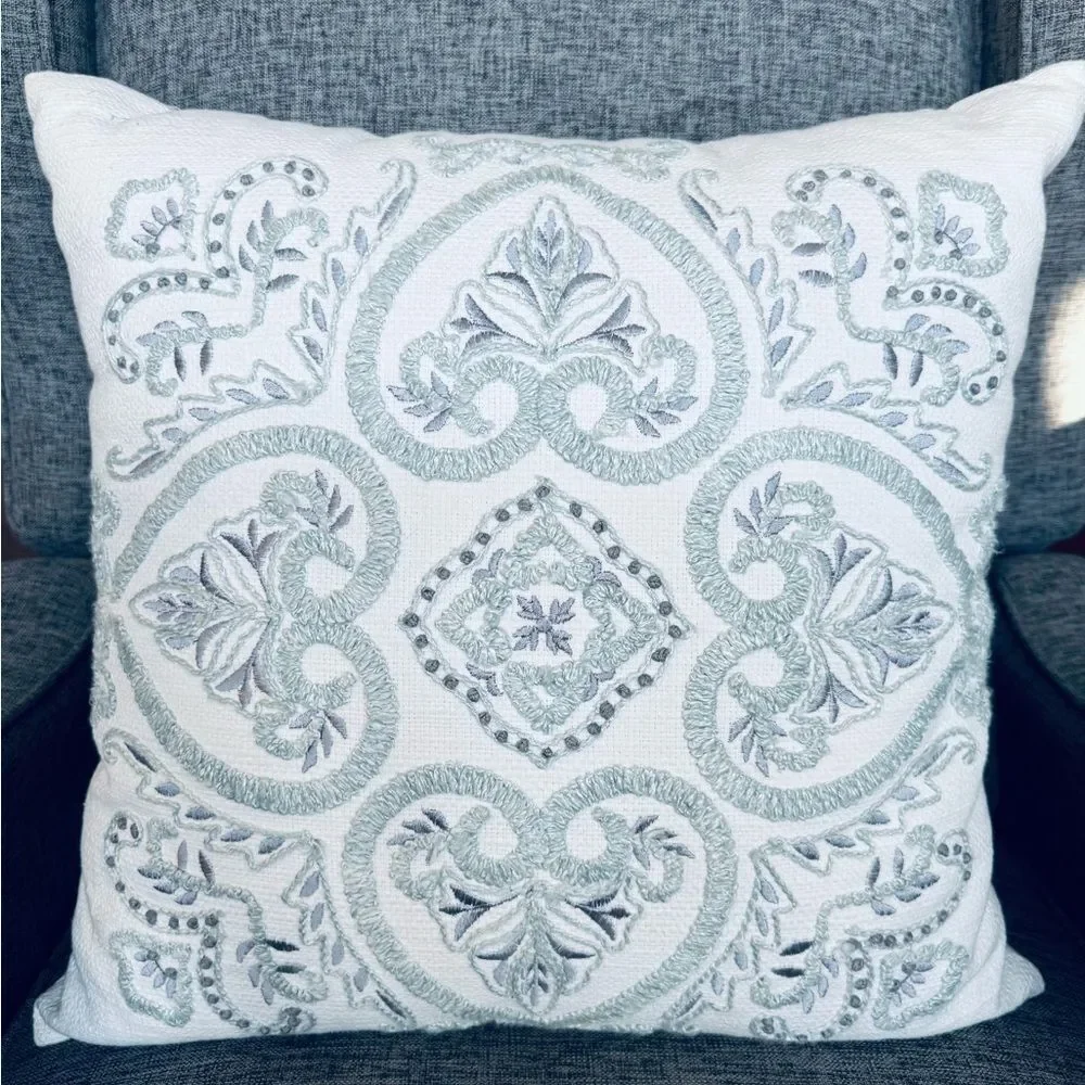 Aqua Blue Mint Green Coastal Embroidered Farmhouse Throw Pillow